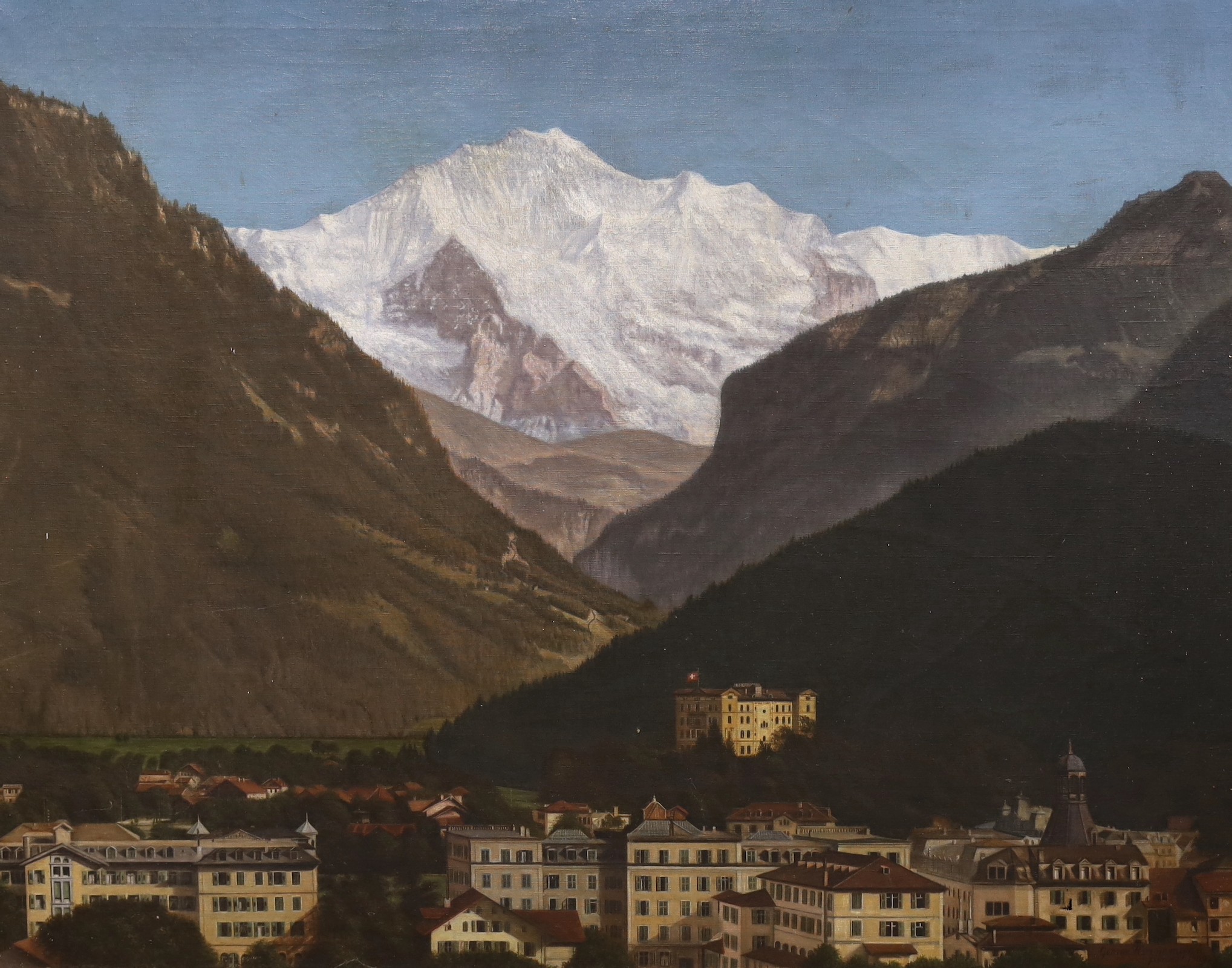 George Hornemann, oil on canvas, Alpine town with mountains beyond, signed and dated 1909, 75 x 95cm